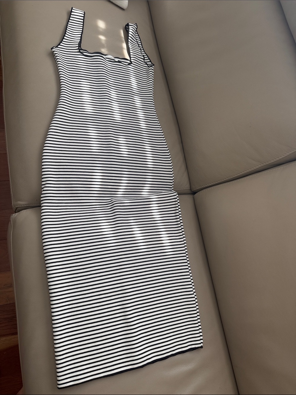 Zara Black & White Striped Midi Square-Neck Dress
